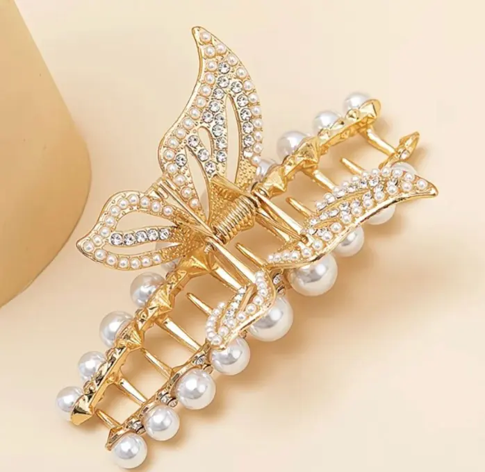 Pearl and rhinestone butterfly hair claw clip in gold tone
