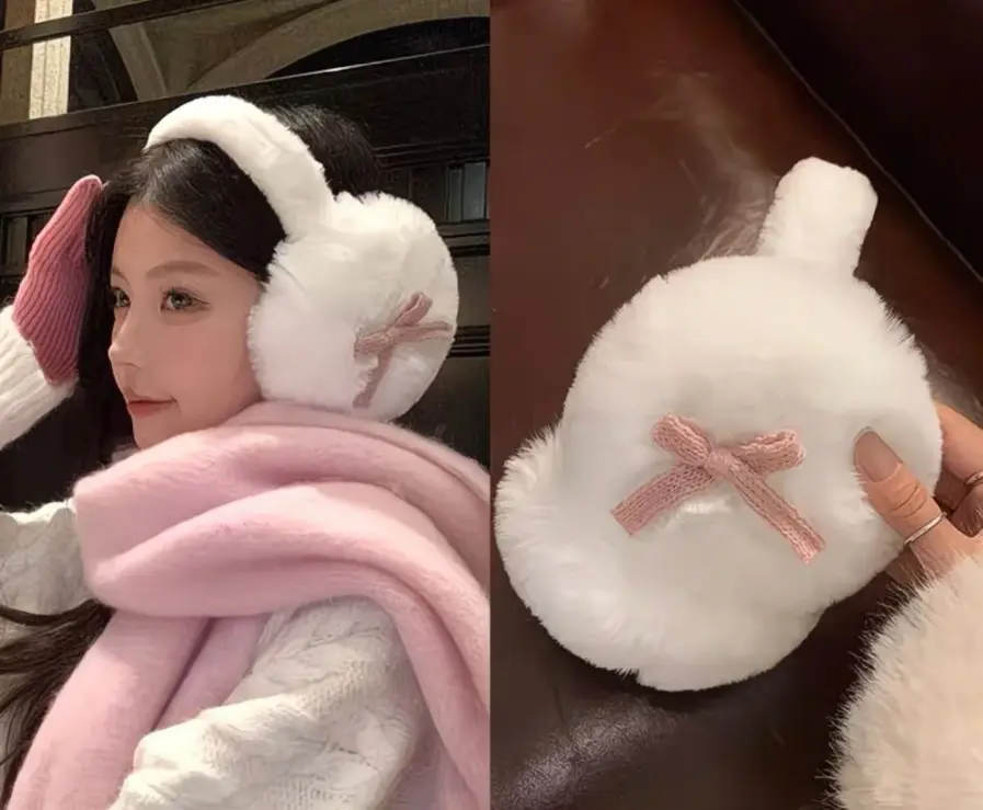 Fluffy white Earmuffs with pink bow accents