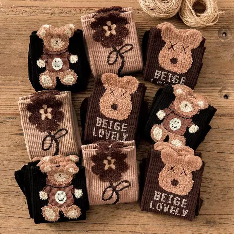 3D plush bear and flower socks