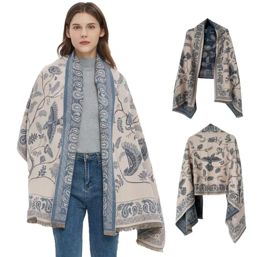 Cashmere-Feel Bird and Floral Print Shawl