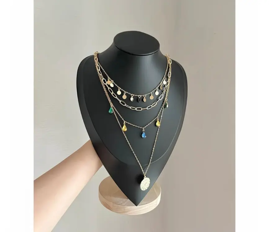 Gold-Tone Multi-Layered Necklace with Coin and Gemstone Charms