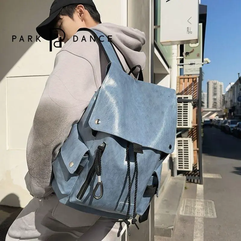 Vintage-Style Blue Flap-Top Drawstring Backpack