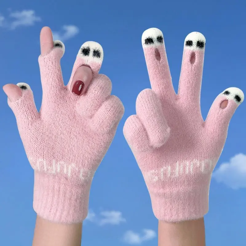 Playful knitted touchscreen gloves with face eye detail (Pink)