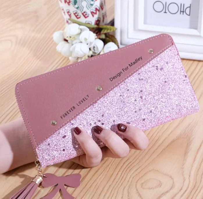 Two-tone glitter and mauve zip around clutch wallet (Pink)