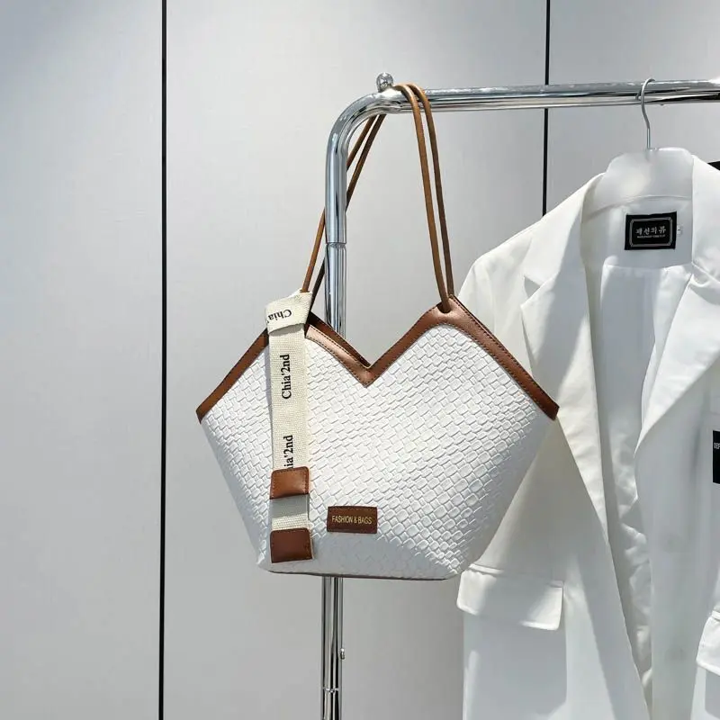 Chic Chocolate Brown Textured Carryall Tote (White)