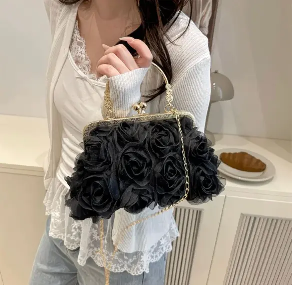 Elegant Black Rose-kiss lock clutch bag (Black gold)