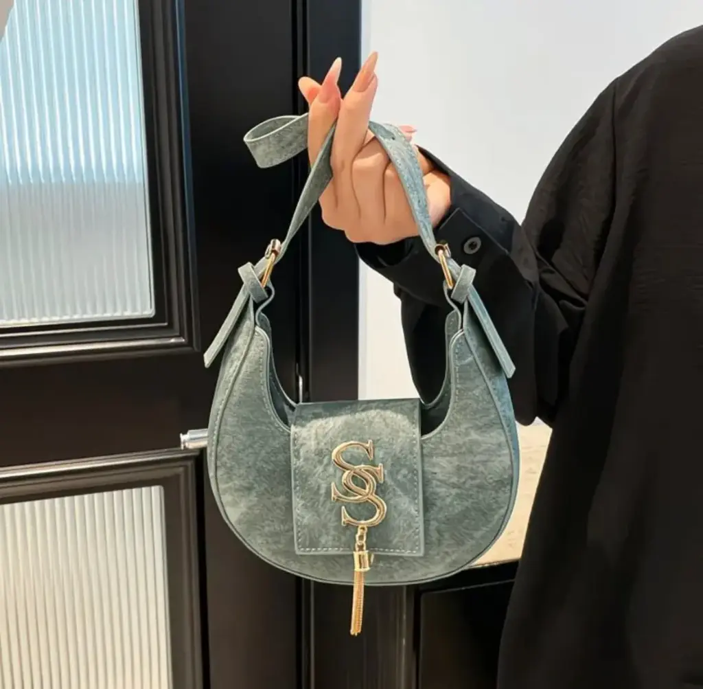 Trendy Suede-Effect Crescent Hobo bag with Monogram details (Dusty blue)