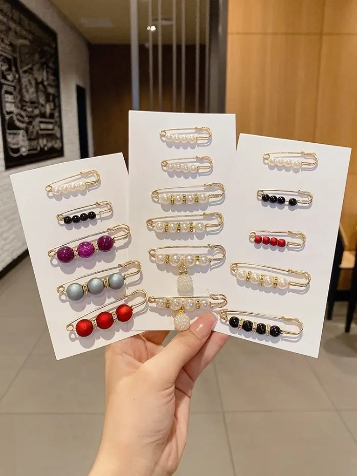 Chic beaded safety pin brooch assor 5 pices ( 3 LARGE+2 small)